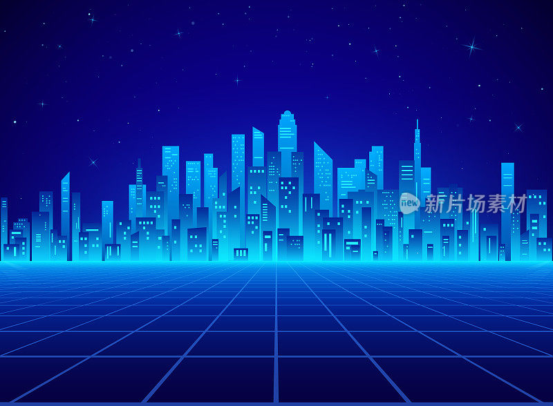 Neon retro city landscape in blue colors. Cyberpunk futuristic town